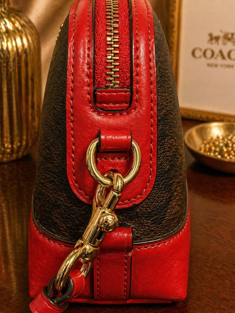 Coach Dome Crossbody in Signature Brown Coated Canvas & True Red Leather Trim - Picture 6 of 11